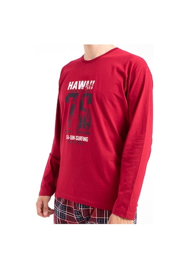 Tampap 2170 Baskılı Uzun Kol Erkek Pijama Takımı Bordo