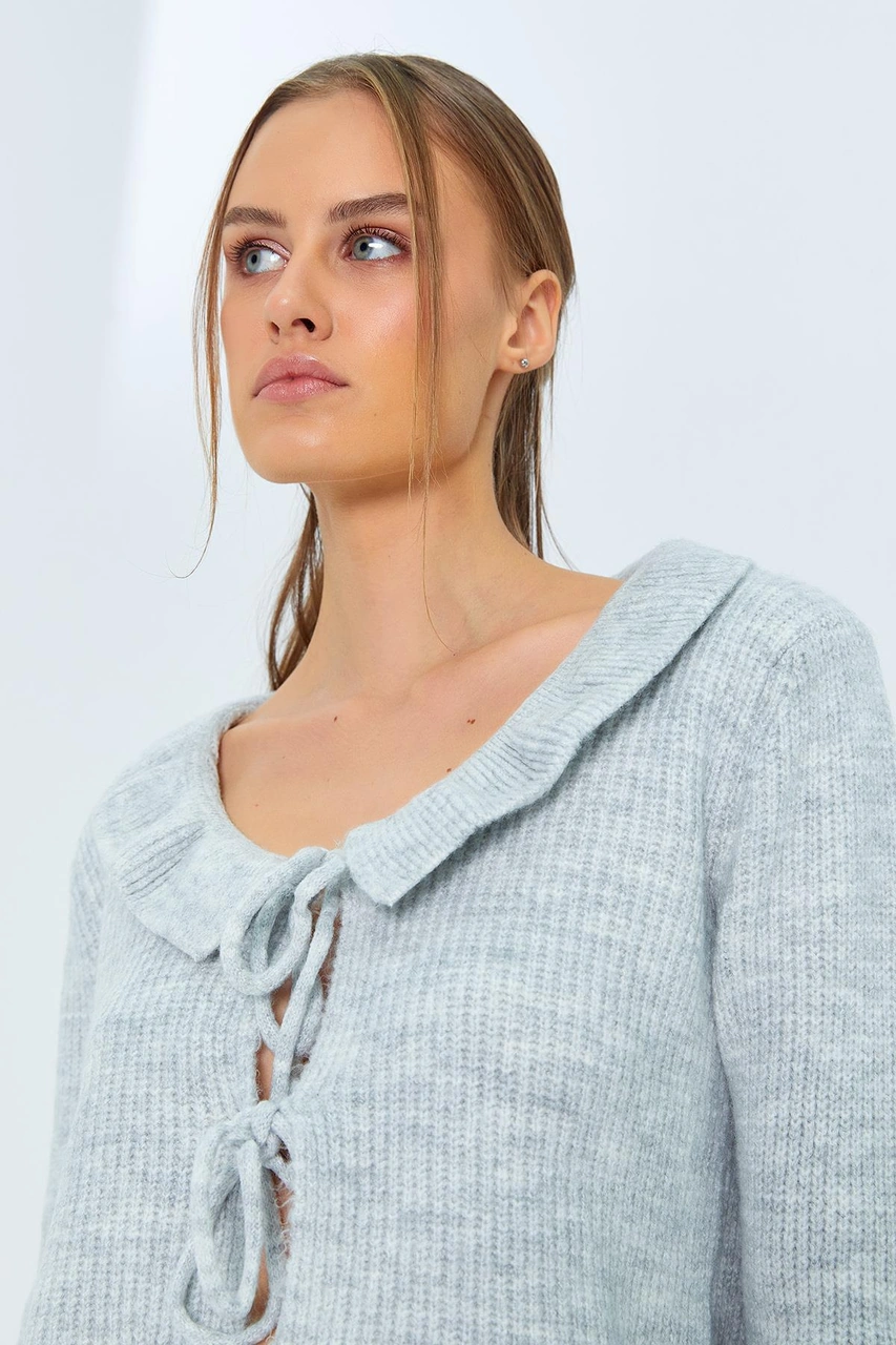 6899 Kadın Önden Bağcıklı Hırka Gri Gri