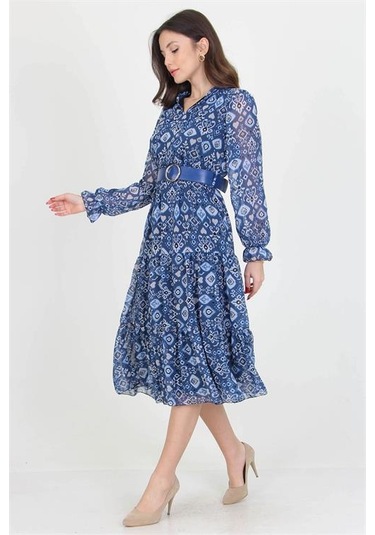 Neşeli Butik Kadın Kemerli Yakası Bağlama Detaylı Desenli Şifon Elbise Rssn02 Mavi