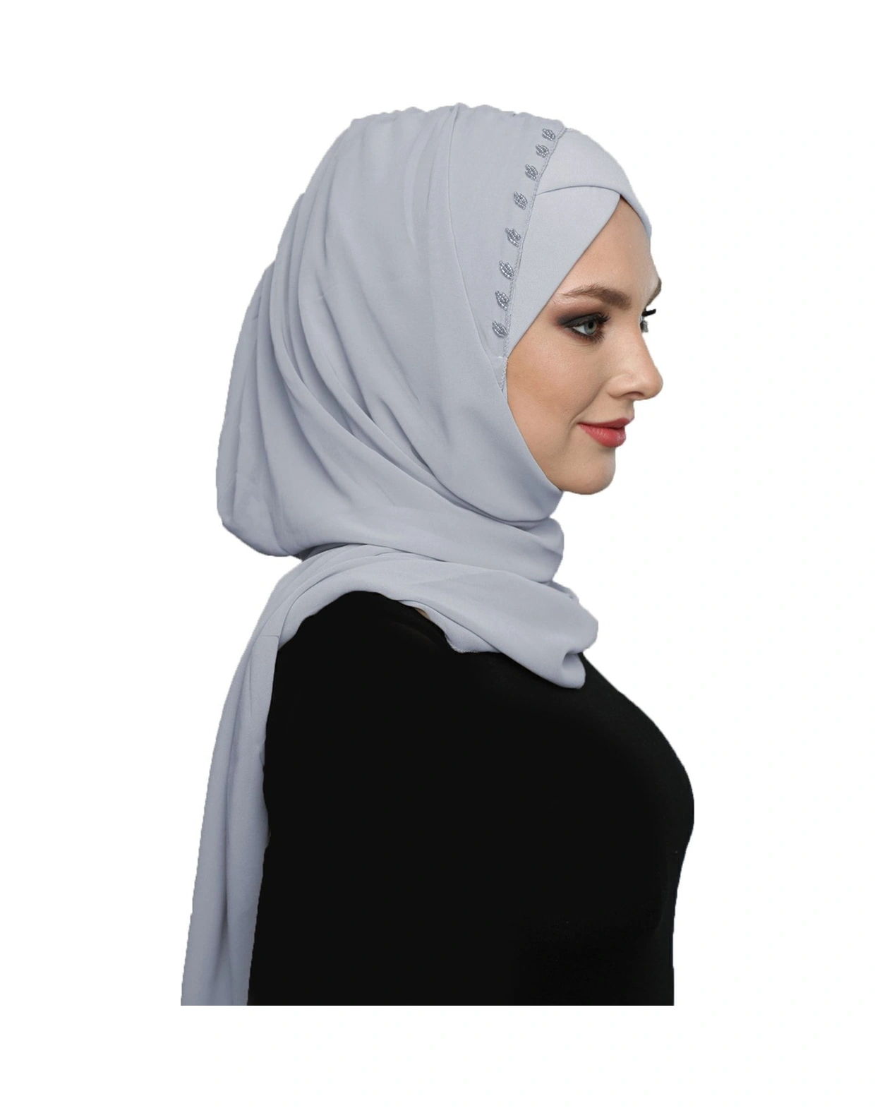 Şallı Takmatik Taşlı Açık Gri Hazır Türban Tesettür Bone Namaz Örtüsü Açık Gri