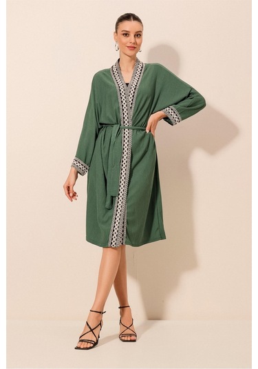 Bigdart 5865 Nakışlı Örme Uzun Kimono - Zümrüt Yeşili 001