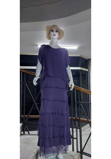 İtalyan 2 Beden İnce Gösteren Yarım Kol Kat Kat Ipek Elbise Mürdüm