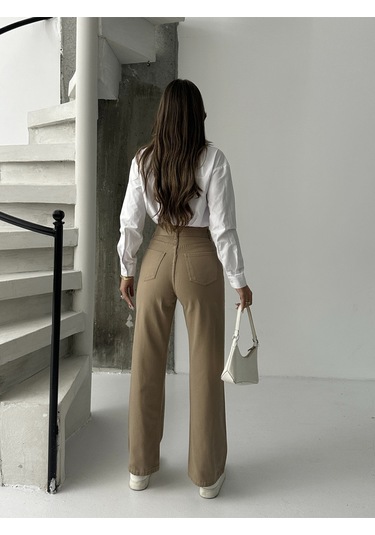 Kadın Yüksek Bel Keten Boyfriend Bol Paça Kahve