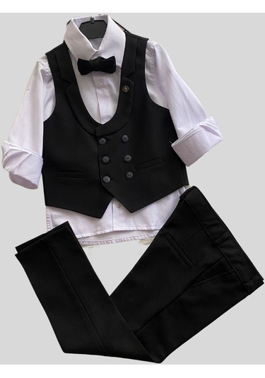 Katlama Detay Yelekli Rozetli Çocuk Takım Elbise Siyah