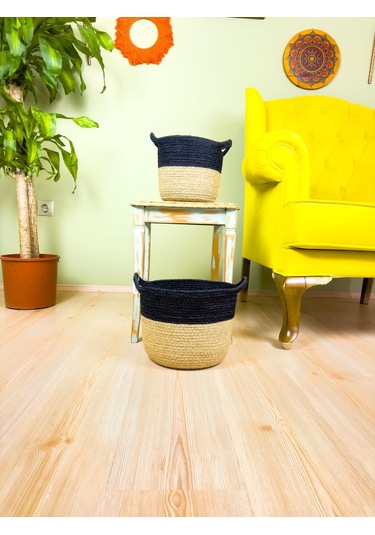 Bitki Tasarımı Düzenleyici Kulplu Üstü Siyah Şeritli Doğal Örgü Sepet İkili Set Orta-küçük