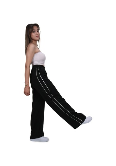 Kadın Modal Kumaş Kontrast Detaylı Siyah Düz Kesim Pantolon Siyah