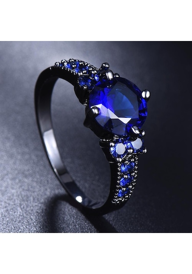 Vintage Mavi Yuvarlak Kristal Siyah Altın Renk Yüzük Alyanslar Kadınlar Için Aşk Promise Nişan Takı 5 Çok Renkli
