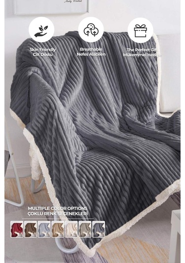 Sherpa Tv Battaniye Tek Kişilik Çizgili Yumuşak Peluş Wellsoft Yatak Örtüsü Antrasit