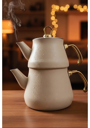 Yunusoğlu Home Granit Kaplama Gold Kulplu Cam Kapak Çaydanlık Krem Krem