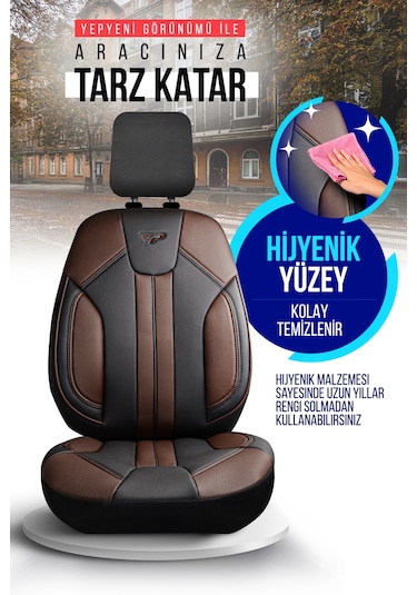 Siyah - Kahve Panda Carlone Serisi Ful Deri Oto Koltuk Kılıfı - Tam Set