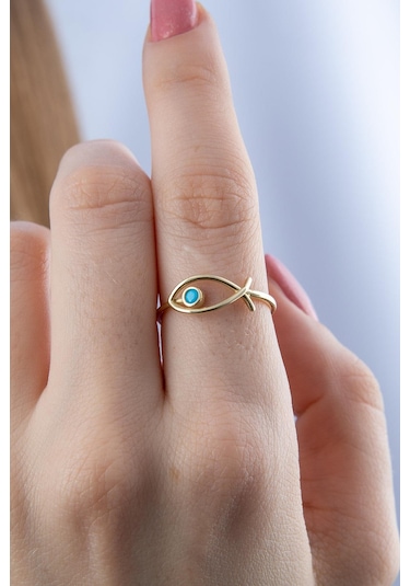 14 Ayar Altın Büyük Firuze Taş Detaylı Balık Yüzük Pembe Altın