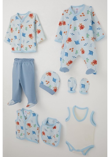 Breeze Erkek Bebek Hastane Çıkışı 8 Li Sevimli Deniz Hayvanları Desenli 0-3 Ay, Beyaz Beyaz