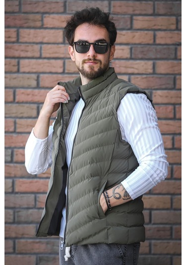 Faxy Cepli Dik Yaka Nova Parlak Kumaş Erkek Şişme Yelek Haki