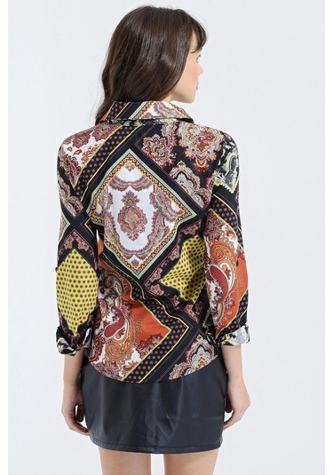 Kadın Siyah Modern Tarz Desenli Uzun Kollu Gömlek Siyah - Ekru