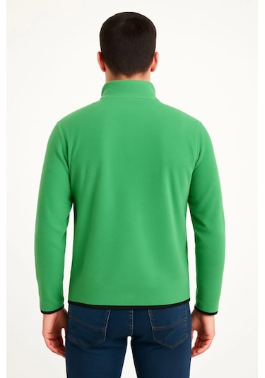 Erkek Polar Kazak Dik Yaka, Yarım Fermuarlı, Fermuarlı Göğüs Cepli, Siyah Biyeli, Kışlık Rahat Regular Fit Günlük Model - Yeşil Yeşil