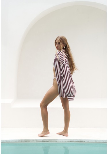 Rosy Transparan Çizgili Bordo Oversize Gömlek bordo