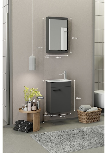 Biani Fix Loft Mini 42 Cm Banyo Dolabı,Seramik Lavabolu, Aynalı,Lavabo Dahil,Mdf,Mat Gri Biani Fix Loft Mini 42 Cm Banyo Dolabı,Seramik Lavabolu, Aynalı,Lavabo Dahil,Mdf,Mat Gri