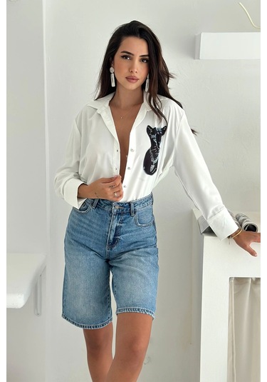 Jaguar Desen Baskılı Taşlı Gömlek Beyaz