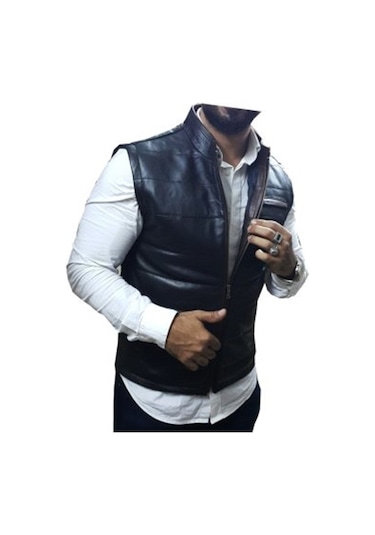 Hakiki Deri Siyah Hakim Yaka Yandan Cepli Erkek Deri Yelek Siyah