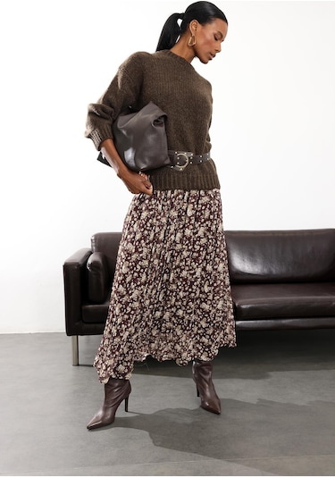 Kahverengi Kemer Detaylı Çiçekli Şifon Etek 0651 Kahverengi