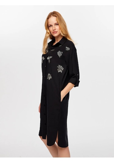 Faik Sönmez Boncuk İşi Nakışlı Uzun Kollu Kadın Gömlek Elbise Uw26elb014 Siyah