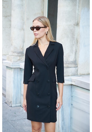 Sırt Dekolteli Anvelop Ceket Elbise Siyah