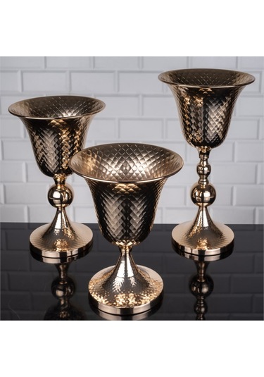 Lüks Vazo Seti 3 Lü Dövme Vazo Altın Rengi 38-32-25 Cm