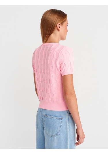 Dilvin 10788 Bisiklet Yaka Dokulu Triko Bluz-pembe Pembe