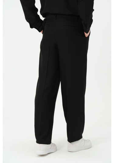 Erkek Yıkamalı Keten Bol Paça Pileli Yeni Sezon Pantolon Siyah