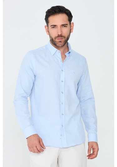 White Stone Mavi %100 Pamuk Regular Fit Erkek Uzun Kollu Gömlek MAVİ
