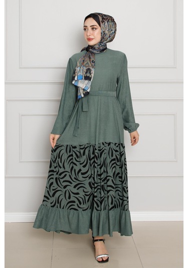Eteği Desenli Karin Elbise-zümrüt Yeşili-4272-zümrüt Yeşili Zümrüt Yeşili