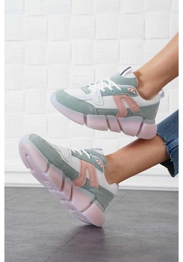 Kadın Ortopedik Tabanlı File Detaylı Sneaker Spor Ayakkabı Yeşil - Pudra