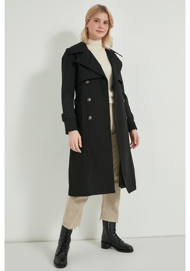 Pastelastore %100 Pamuk Gabardin Uzun 110cm Astarlı Kemerli Kadın Trençkot 1111 Siyah