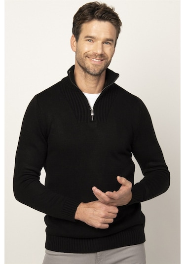 Tudors Slim Fit Dar Kesim Dik Yaka Fermuarlı Erkek Kazak-26347 Siyah