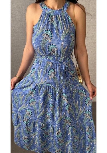 The İstanbul Kadın Omuzlardan Açık Boyundan Geçmeli Desenli Süprem Bluz Mavi