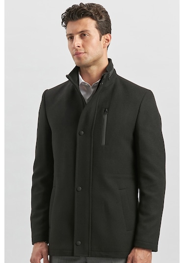 Kaşe Dik Yaka Kapitoneli Astar Slim Fit Dar Kesim Klasik Kaban 1008245150-siyah Siyah