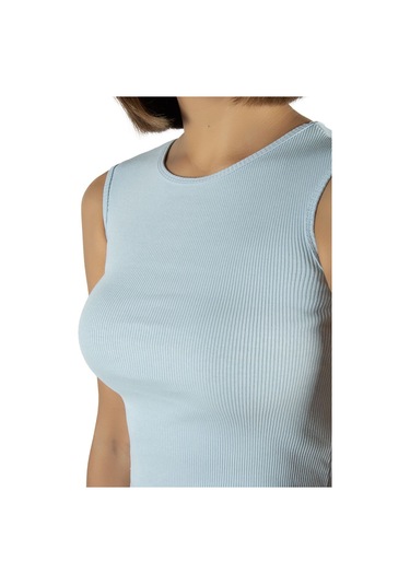 2'li Paket Lila Açık Mavi Fitted/vücuda Oturan Crop Halter Yaka Fitilli Esnek Örme Bluz Atlet Lila Açık Mavi