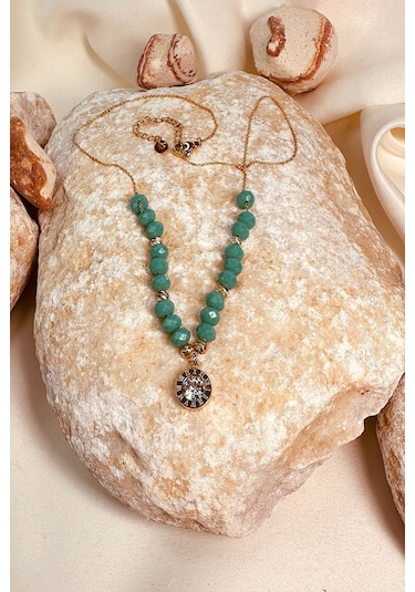 Turkuaz Boncuk Zirkon Tek Taşlı Gold Renk Paslanmaz Çelik Kadın Zincir Kolye