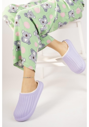 Modafrato Flora Kapalı İçi Yünlü Unisex Ev Terliği Kışlık Terlik Su Geçirmez Mor