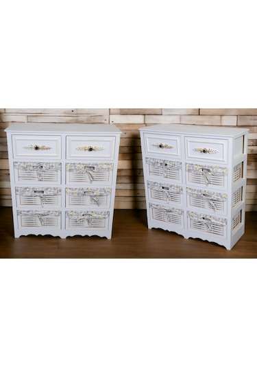 Ahşap 8 Çekmeceli Hasır Görünümlü Sebzelik Beyaz