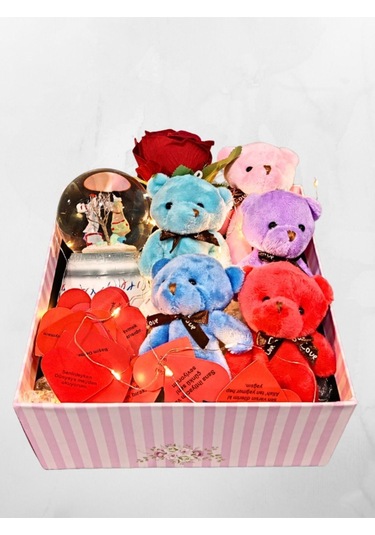 Romantik Hediye Kutusu Işıklı Kalpli Mesajlı Kar Küresi Ve Peluş Ayıcıklarla Dolu Sevgiliye Hediye Renkli