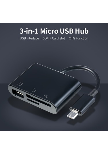 Mufunye Micro Usb Hub 3-in-1: Usb 2.0 Dönüştürücü + Sd/tf Kart Okuyucu, Telefon İle Klavye/kamera Bağlantısı, Siyah