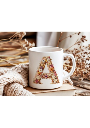 A Harfi Çiçek Desenli Kupa Bardak - Alfabe Harfleri İle Doğal Çiçekli Kupa - Hediye Fikir Beyaz