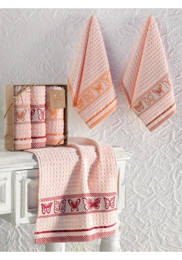 Mutfak Havlu Seti 3 Lü Jakarlı Pamuk Butterfly Pembe