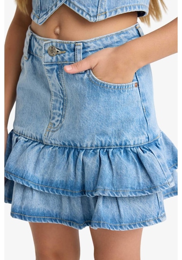 Defacto Kız Çocuk Pamuklu Katlı Jean Etek F7167a825aunm28 Mavi