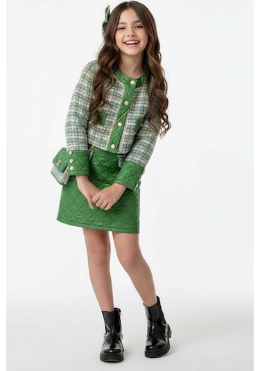 Riccotarz Kız Çocuk Kapitone Ve Altın Şerit Detaylı Şanel Yeşil Etekli Takım Yeşil