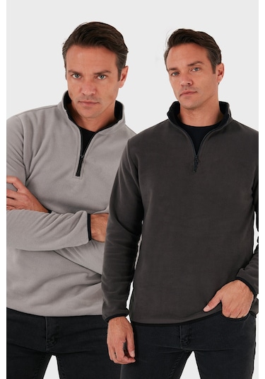 Buratti Slim Fit Yarım Fermuarlı Dik Yaka 2'Li Paket Erkek Polar 5906003S2 Gri-Füme