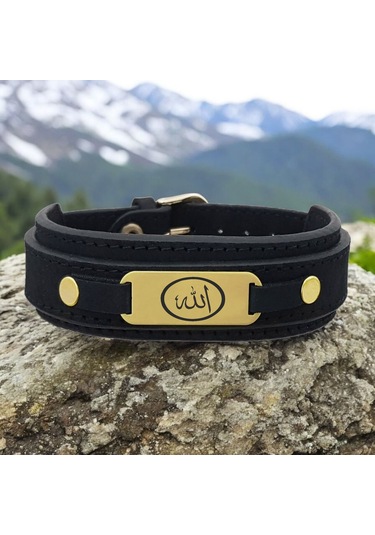 Archin Allah Temalı Doğal Siyah Derili Oval Motifli 14 Ayar Altın Plakalı Hediye Bileklik-438sembol Allah Sembolü