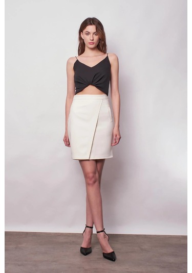 Yüksek Bel Anvelop Kruvaze Hafif Likralı Kumaş Kalem Ofis Etek-krem Krem