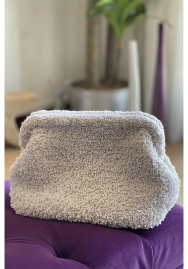 El Yapımı Ekru Renk Teddy Yün Örgü El Çantası Ekru